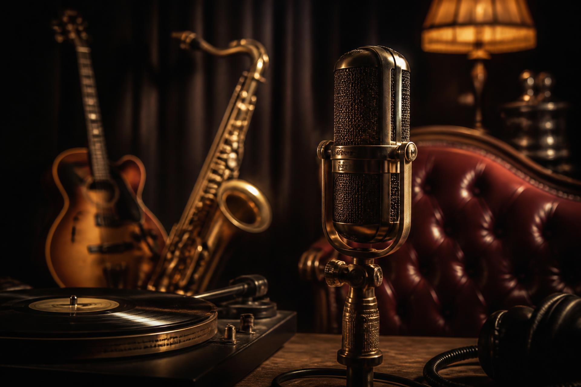 Vintage recording studio with brass instruments, guitar and vinyl records